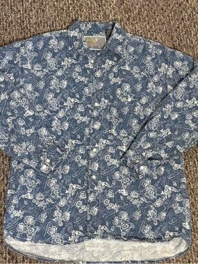 Vintage Men’s Pier Connection Blue Floral Button-Up Shirt 100% Cotton